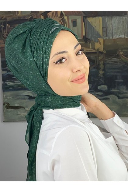 Gümüş Taşlı Drape Detaylı Simli Şal