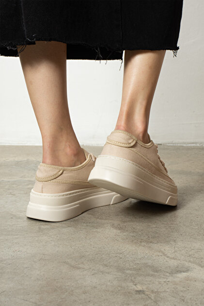 Yula Fashion Shoes Sacha Bej Keten Kumaş Bağcıklı Spor Ayakkabı