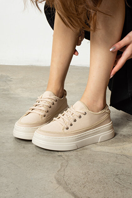 Yula Fashion Shoes Sacha Bej Keten Kumaş Bağcıklı Spor Ayakkabı