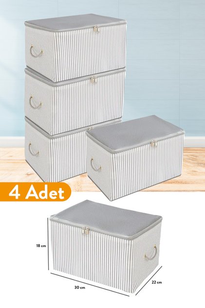 4 Adet - Mini Boy Baskı Detaylı Antrasit Çizgili Hurç 30 X 22 X 18 Cm
