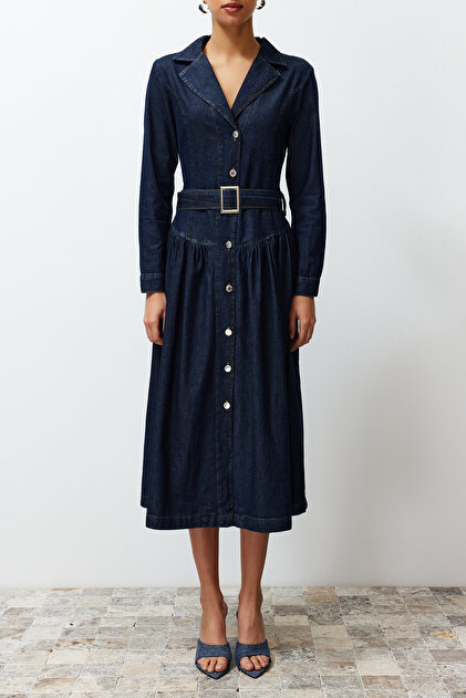 Trendyolmilla Mavi Kemerli Ceket Yaka Maxi Denim Elbise