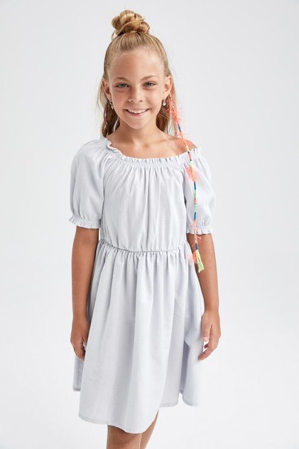 Girls Short Sleeve Cotton Linen Look Dress W7755a622sm