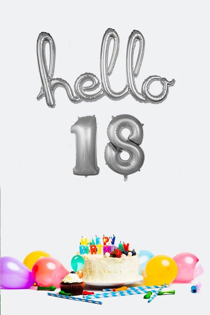 18 Years Birthday Balloons - Hello 18 Handwritten Silver Color Foil Balloon