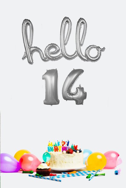 14 Years Birthday Balloons - Hello 14 Handwritten Silver Color Foil Balloon
