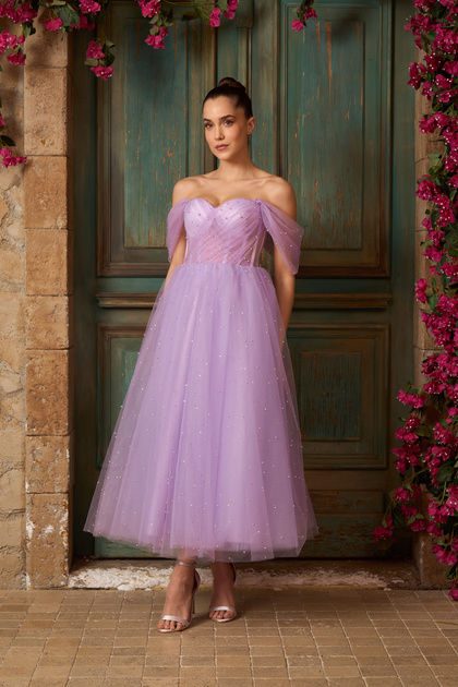 jewelled party dress Lenta Moda Lilac Midi Length Draped Jewelled Transparent Evening Dress