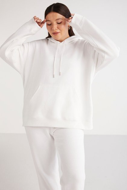 Terezabb Women's Fleece Inside Soft Comfort Fit Hooded Kangaroo Pocket White Large Size Sweatshirt