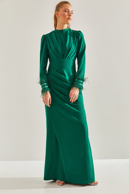 Smaragdgrünes, dezentes Damen-Abendkleid mit Quasten an den Ärmeln und geraffter Vorderseite, Hijab-Kleid 60191007