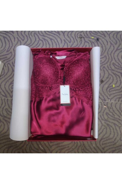 Women's Claret Red 6-Piece Lace Detailed Satin Nightgown-Gown-Pyjamas-Shorts Dowry Set 6625