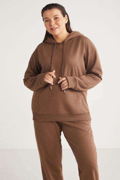 Terezabb Women's Fleece Inside Soft Comfort Fit Hooded Kangaroo Pocket Brown Large Size Sweats