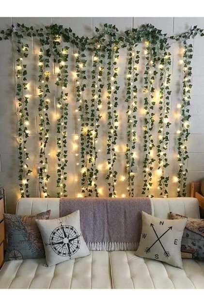 Süsleyici Yeşil Yapraklı Yapay Sarmaşık Ve Gün Işığı Renginde Peri Led (Sarmaşık 230cm Led 300cm)