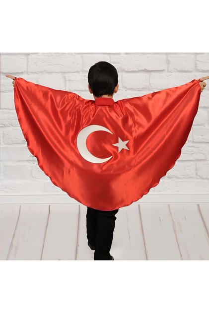 Turkish Flag Cloak Performance Costume Girl-Boy with Moon Star Flag April 23 2-6 years (M),7-12 years (L)