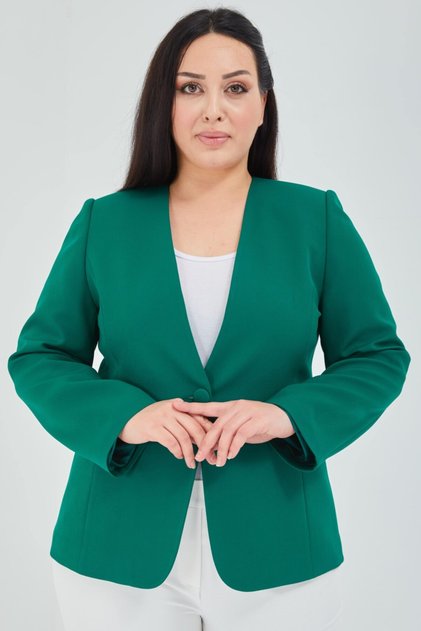 Kadın Büyük Beden V Yaka Tek Düğmeli Koyu Yeşil Ceket