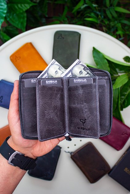 Fargo Vintage Deri Fermuarlı Gri Kartlık Cüzdan
