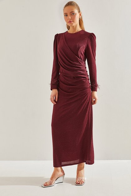 Rochie de seară modestă, cu sclipici, de culoare burgundă, pentru femei, cu abitoare 60191009