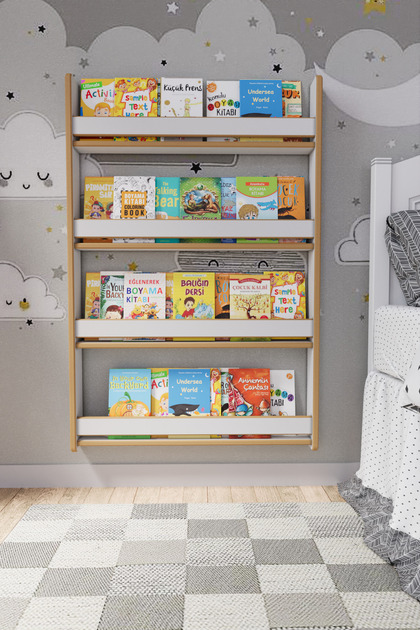 zeo wood design Montessori 4 Raflı Çocuk Kitaplığı 120*80 Cm Beyaz