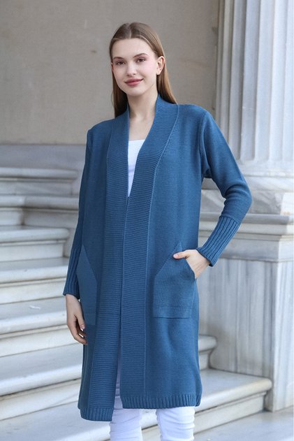 V-Neck Long Sleeve Ankle Elasticated Top with Roof Pocket Single Placket Midi Length Knitwear Seasonal Cardigan