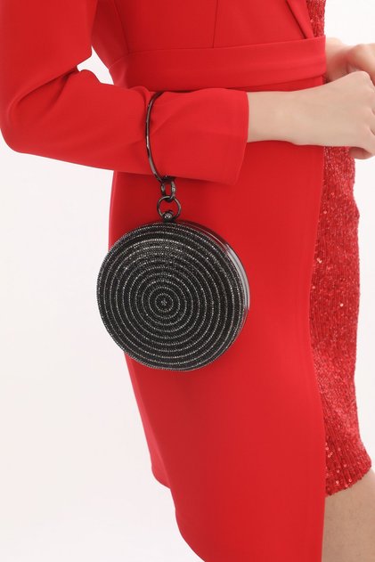 Black Color Circular Stone Embroidered Design Bracelet Ring Evening Dress Portfolio Clutch Bag