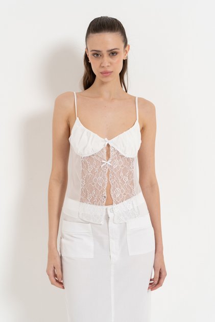 Off white Askılı Dantelli Tül Bluz