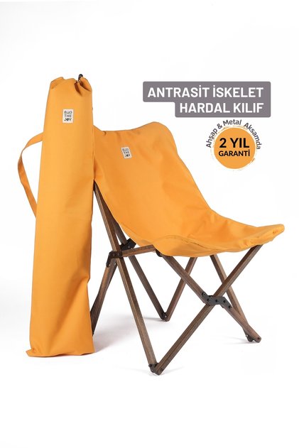 Ahşap Katlanır Kamp Sandalyesi |Bahçe, Piknik, Balkon | Çantalı - Antrasit İskelet – Hardal Kılıf