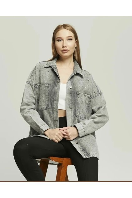 AST 408 Cepli Önü Taşlı Kadın Oversize Kot Ceket Füme