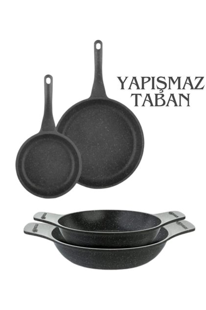 2 li Granit Tava 20-26 cm 20-22 cm Güveç Sahan Set Gri