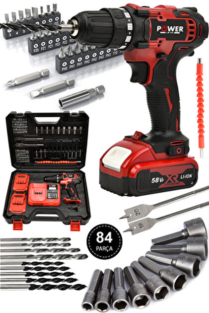 POWER BLACK 58 Vf 5 Ah Metal Şanzıman Çift Akülü Şarjlı Matkap 84