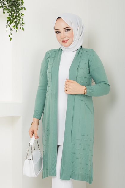 Cardigan largi de damă cu buzunare verde mentă