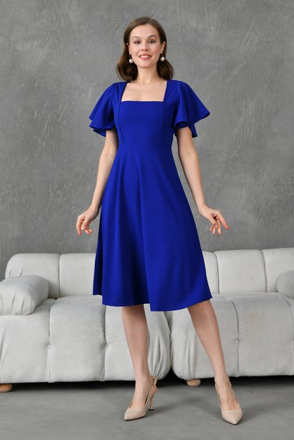 Women's Flounced Sleeves Flexible Scuba Crepe Fabric Square Collar Midi Length Cobalt Blue Dress 082