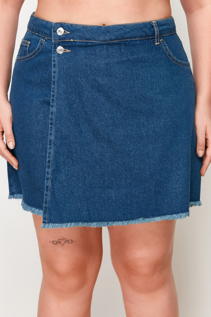 Trendyol Curve Dark Blue High Waist Hem Tasseled Shorts Skirt
