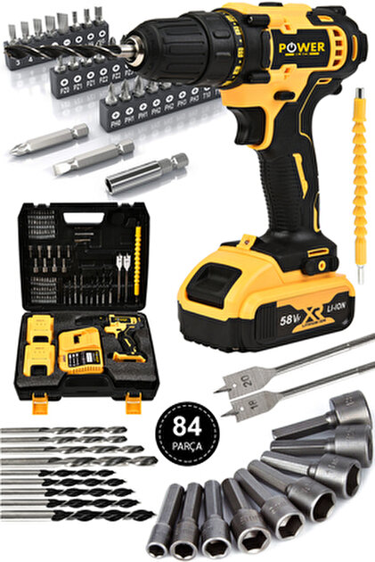 POWER BLACK 58 Vf 5 Ah Metal Şanzıman Çift Akülü Şarjlı Matkap 84