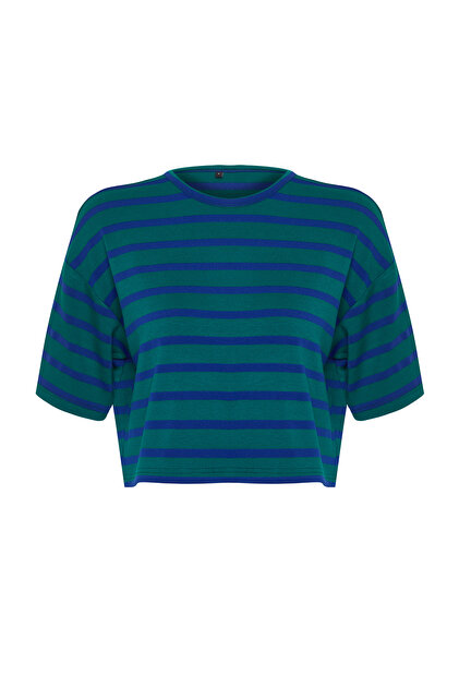 Trendyolmilla Yeşil Çizgili Oversize Geniş Kesim Crop Esnek Örme T