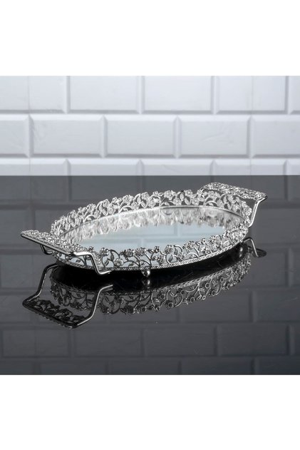 Diamond Stone Oval Μικρός Δίσκος Καθρέφτης Μεταλλική Λαβή Καφέ Δίσκος Σοκολάτας Ασημί
