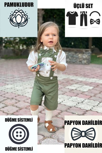 Khaki Short Shorts Salopette White Shirt And Bow Tie Set Baby And Children's Clothing Men's Holiday Gift