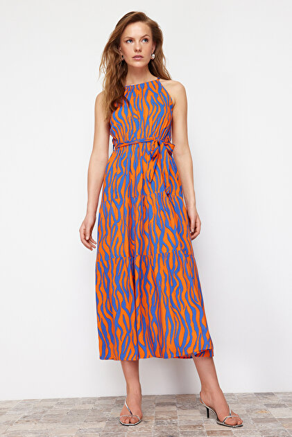 Trendyolmilla Turuncu Animal Shift Boyundan Bağlamalı Halter Yaka