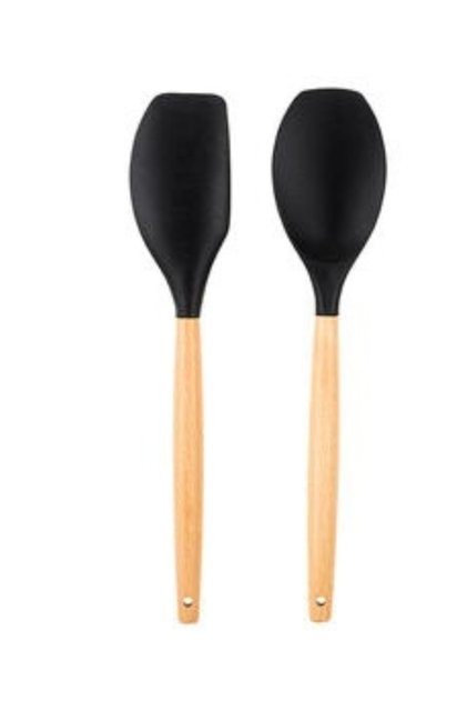 Tantitoni Bamboo Handle Smoke Colored Silicone Large Spoon and Spatula Set (Elvin Home Concept)