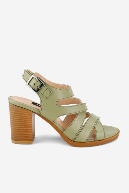 WOMEN'S GREEN GENUINE NATURAL LEATHER THICK HEEL STRAPPED SANDALS