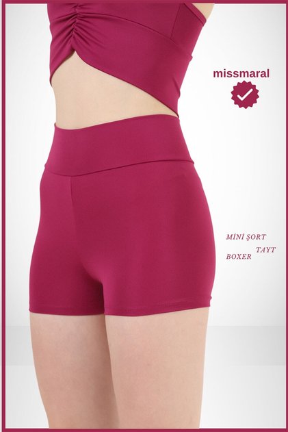 Kadın Yüksek Bel Mini Şort Boxer Mürdüm Yüksek Bel Sıkılaştırıcı Fit Görünüm 11080