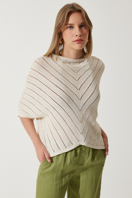 Cremefarbene durchbrochene Fledermaus-Strickbluse für Damen YU00013
