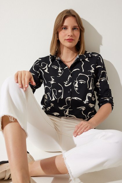 Women's Black Patterned Basic Shirt BH00326