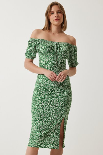 Women's Green Patterned Gathered Knitted Dress CI00102