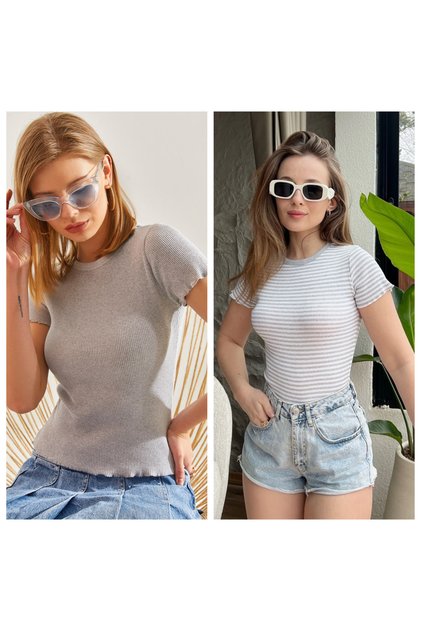 Women's Gray White Gray Striped Ribbed Camisole Double Blouse 60201023