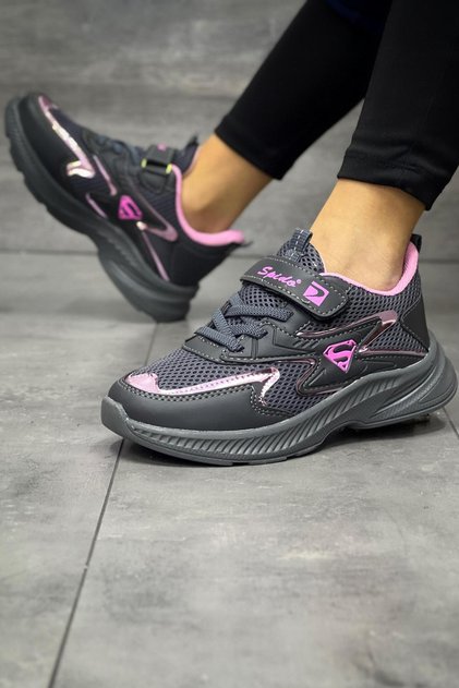 Children's Smoked Pink Lace-up Single Velcro Lightweight Breathable Unisex Mesh Sneaker Sports Shoes