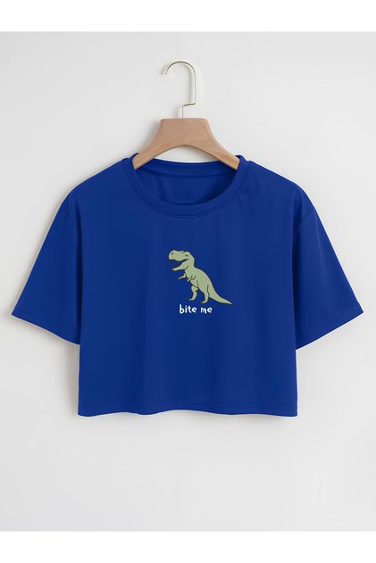Women's Oversize Crew Neck Bite Me Printed Crop T-shirt