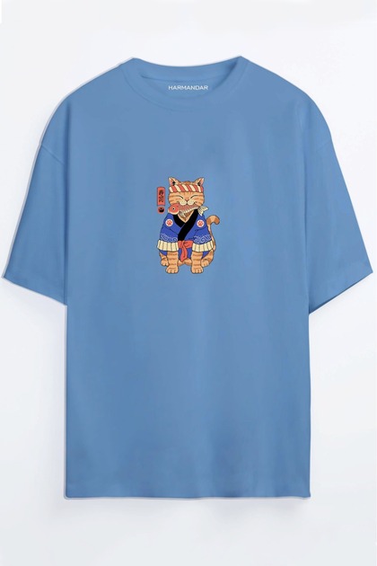 Anime Cat Printed Unisex Black Oversize T-shirt