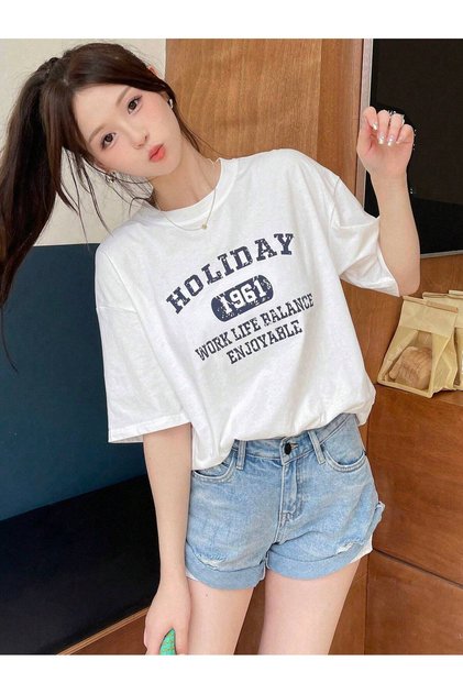 Unisex Kadın/Erkek HOLİDAY Renkli Özel Baskılı Oversize Pamuk Bisiklet Yaka Penye T-Shirt