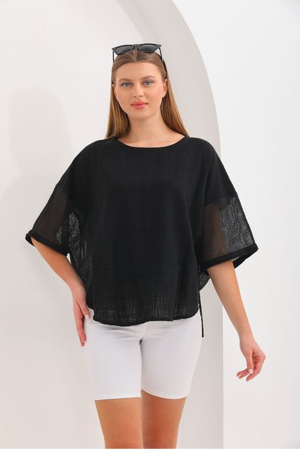 Women's Black Oval Linen Blouse with Net Detail on the Sides