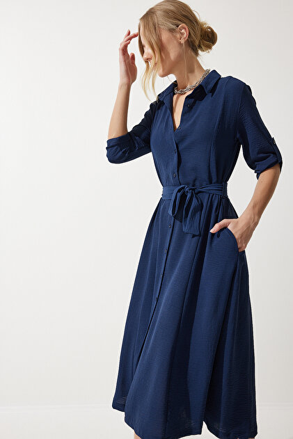 Happiness İstanbul Women's Navy Blue Belted Shirt Dress DD01256