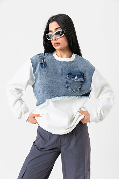 Women's Shoulder Zippered Single Pocket Jeans Detailed Sweatshirt