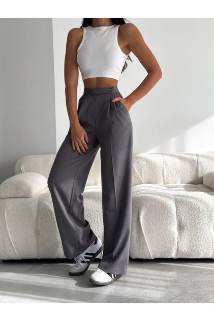 Women's Gray Button Detailed Woven Fabric Pleated Palazzo Trousers