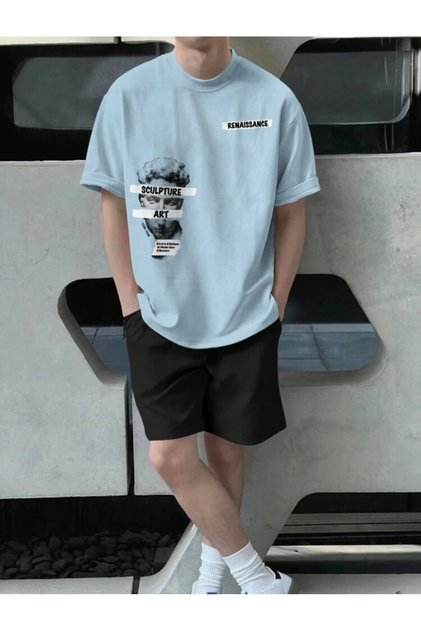 Baby Blue & Black Art Printed Top and Bottom Shorts T-shirt Set